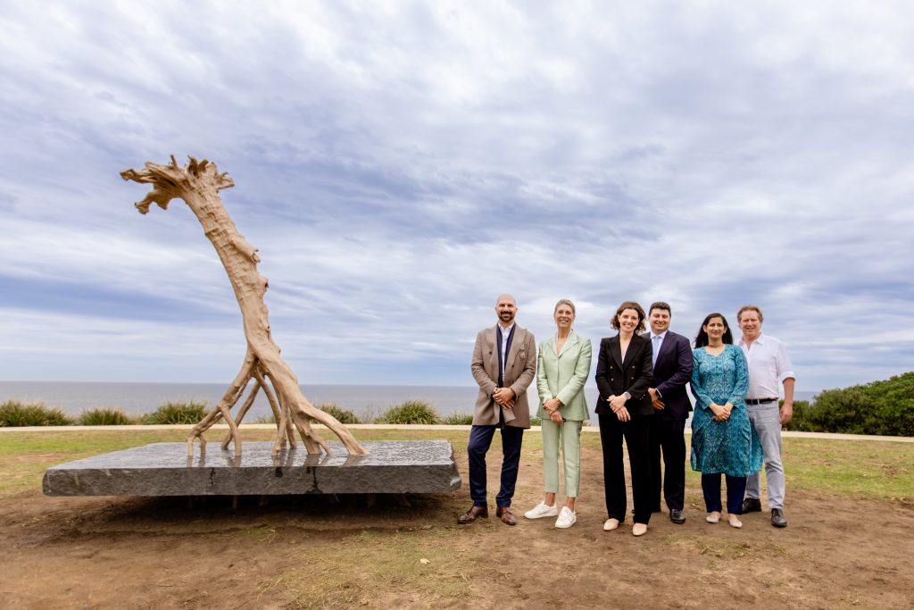 Professor Shen Lieyi (China), ‘Tracing’, Sculpture by the Sea, Bondi 2024. From left to right, Alex Adams, Head of Sales Marketing, Aqualand, Sally Loane, Chairman, Destination NSW, Allegra Spender MP Member for Wentworth, Cr Will Nemesh Mayor, Waverley Council, Niyati Mehta representing Consulate General of India and Swami Vivekananda Cultural Centre and David Handley AM Founding CEO & Artistic Director, Sculpture by the Sea.